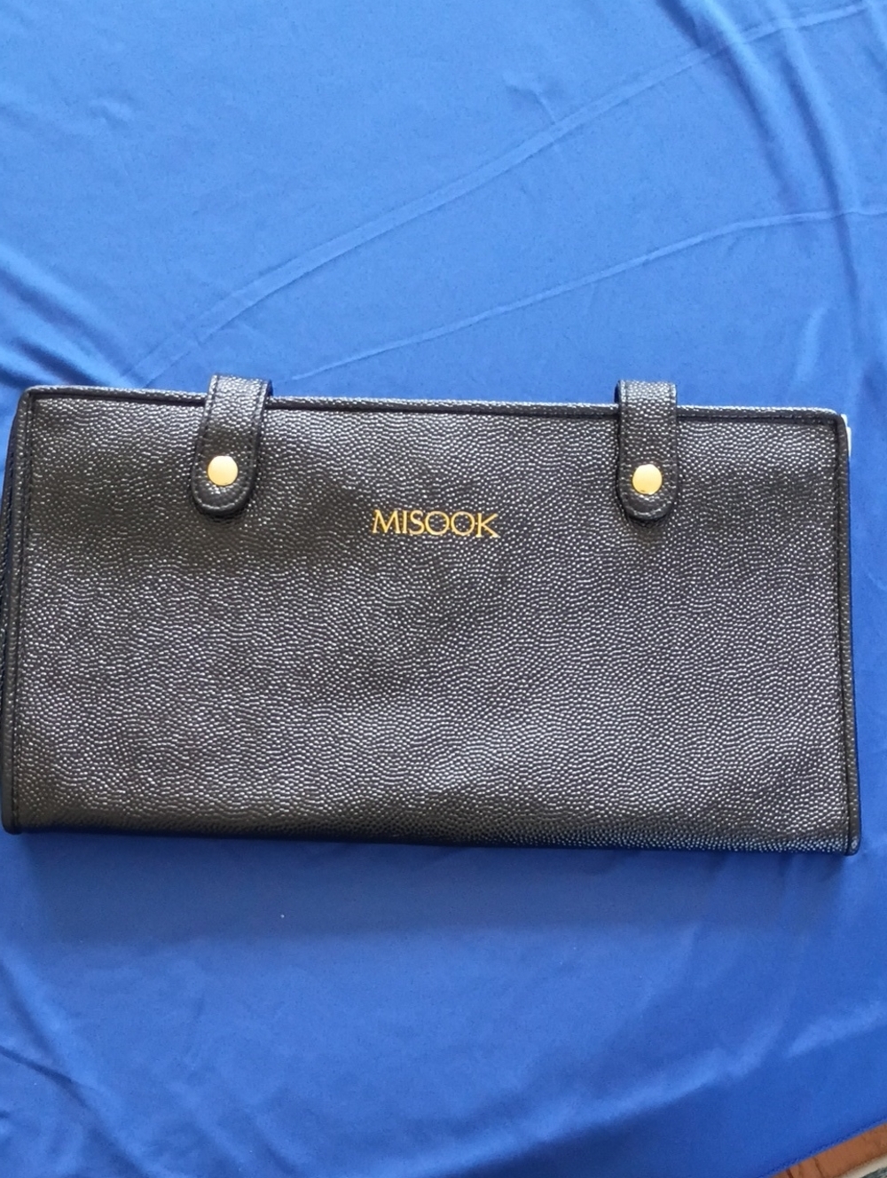 Misook Black Pebbled Leather Travel Clutch with Gold Logo Detail